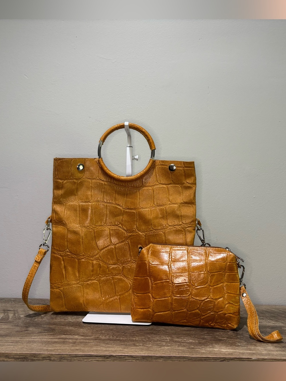Borse In Pelle Leather Croc Print Shopper Bag - Picture 2 of 11